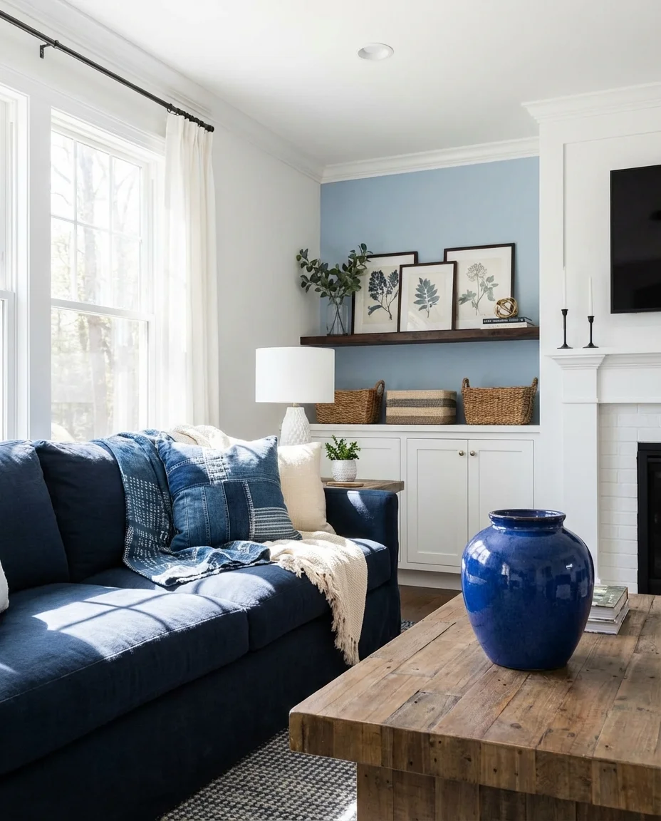 Blue and White Living Room with Mixed Blue Tones 1