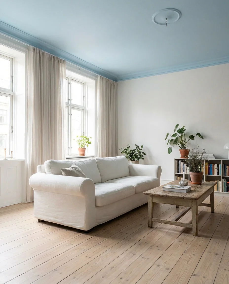 Blue and White Living Room with Sky Blue Ceiling 1