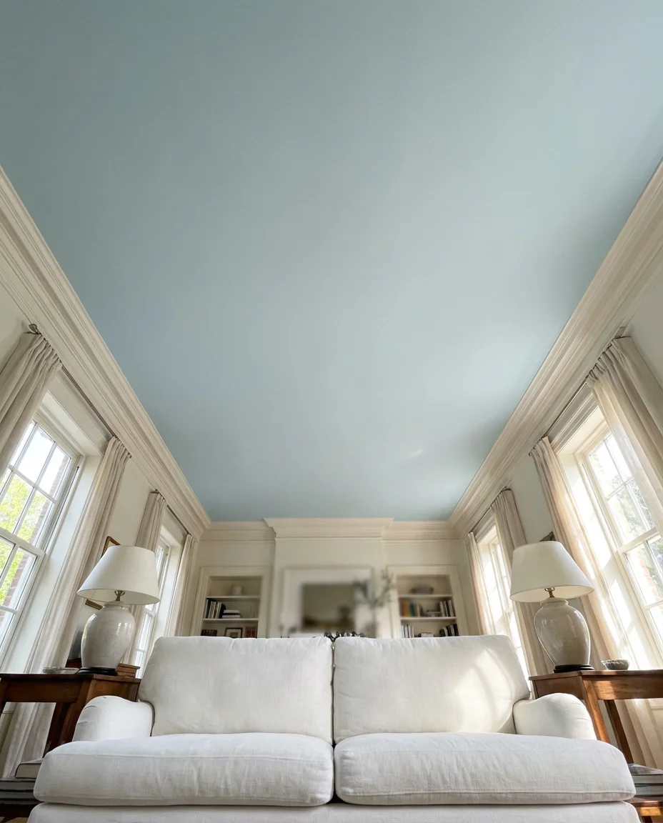 Blue and White Living Room with Sky Blue Ceiling 2