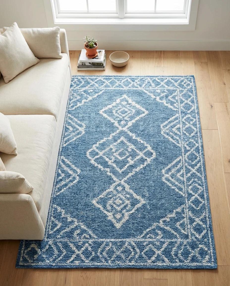 Blue and White Living Room with a Statement Rug 2