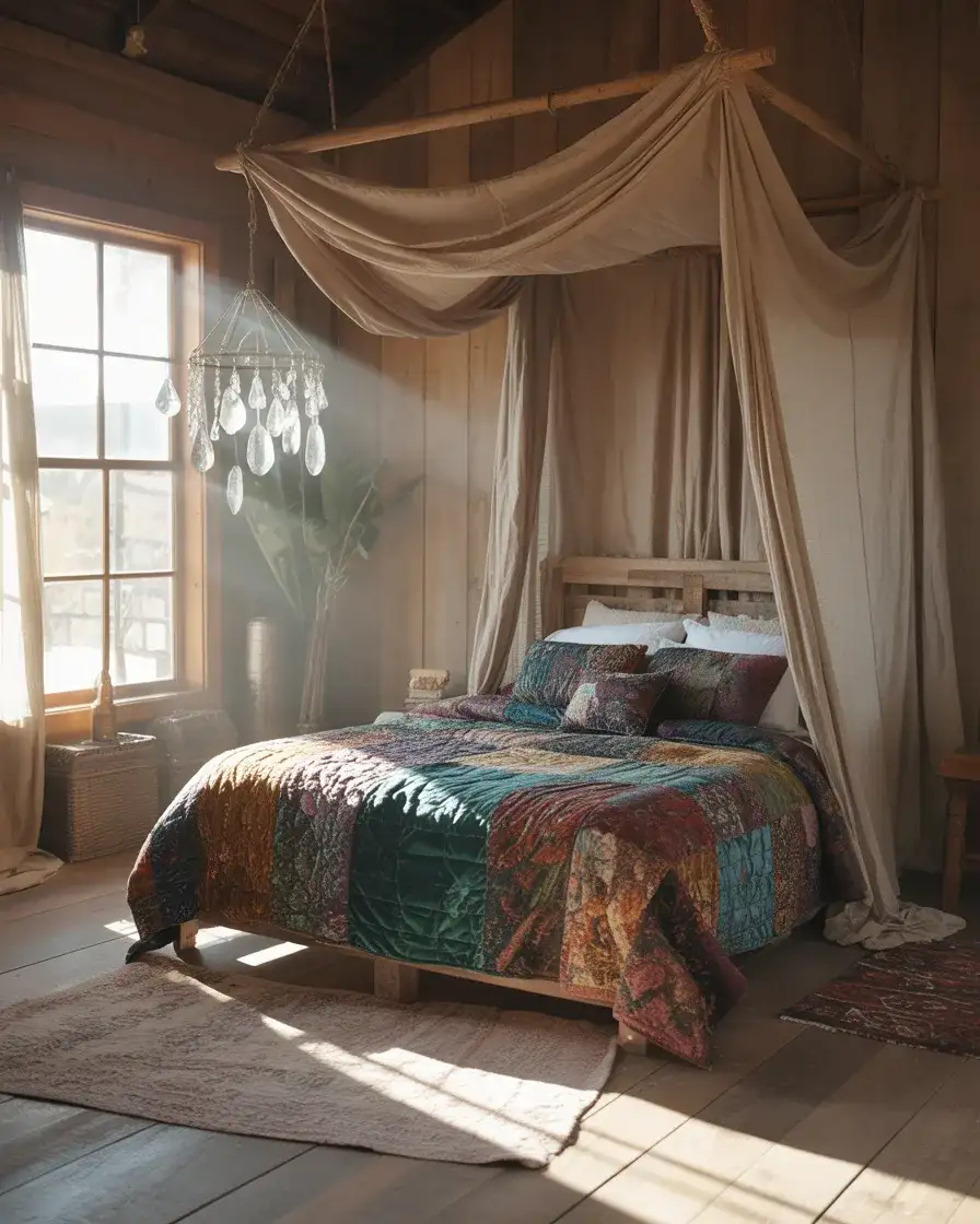 Bohemian Farmhouse Bedroom with Canopy and Crystals 1