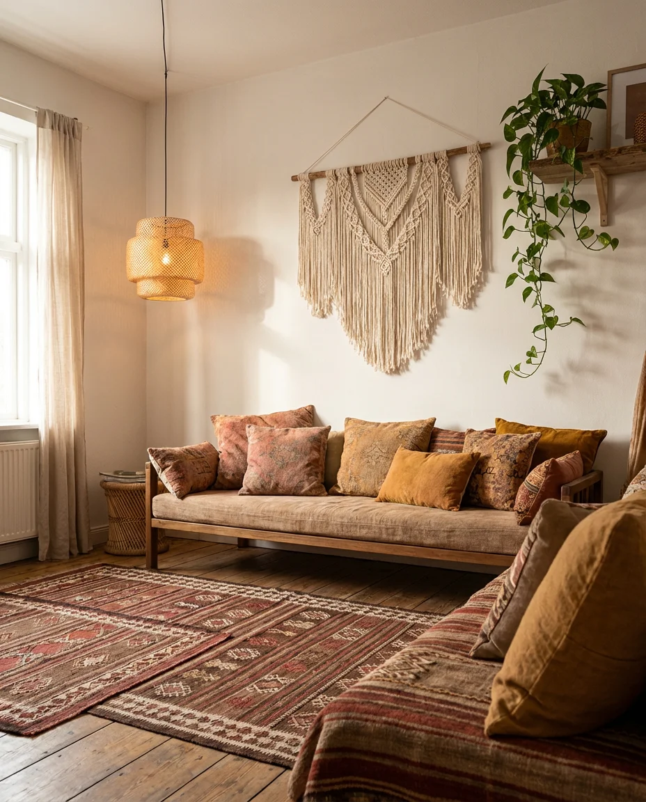 Boho Bloxburg Living Room With Layered Textiles and Plants 1