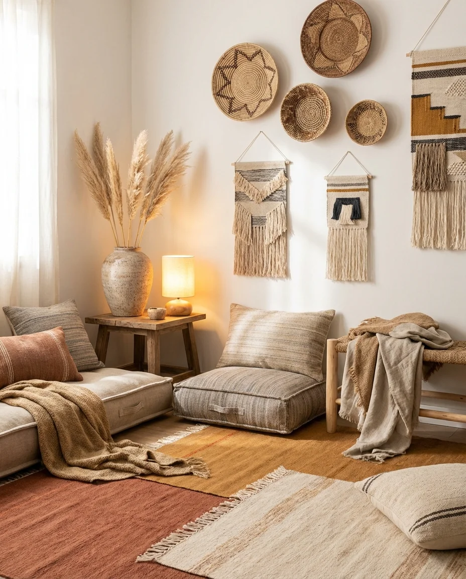 Boho Bloxburg Living Room With Layered Textiles and Plants 2