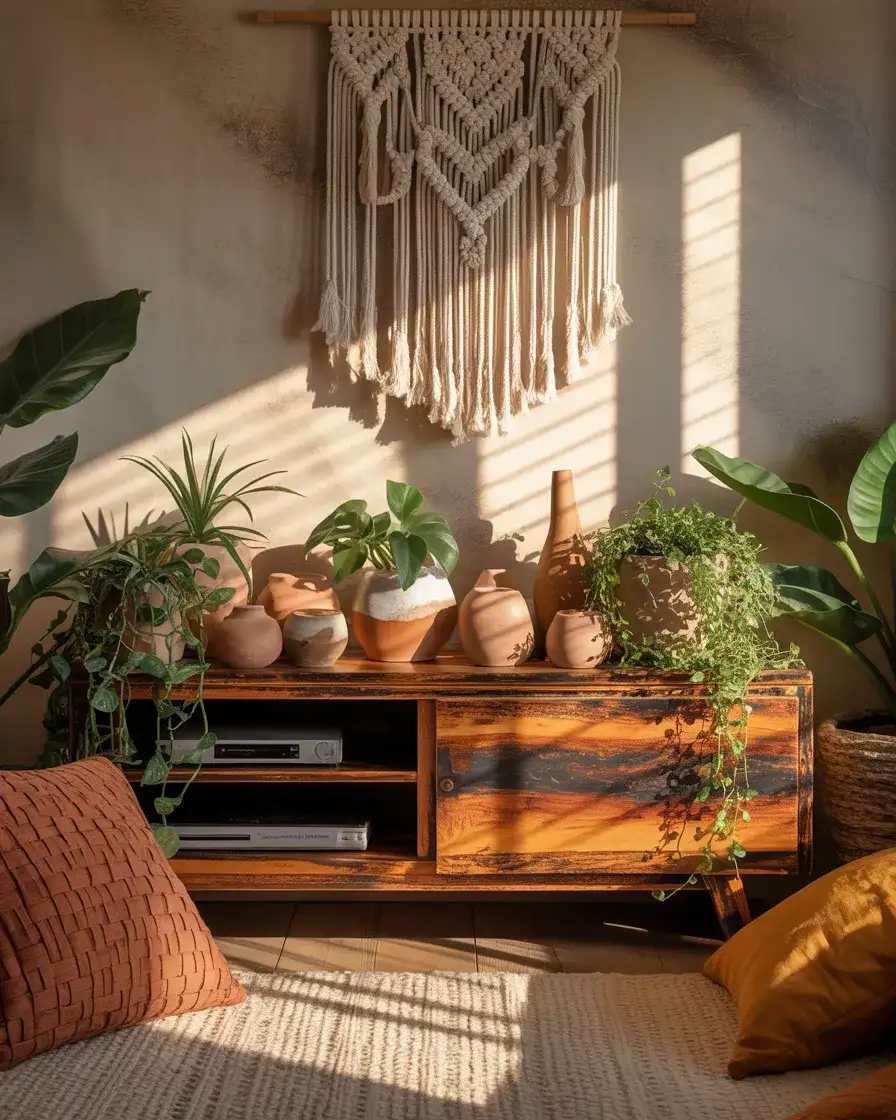 Boho Console with Layered Textiles and Eclectic Objects 1