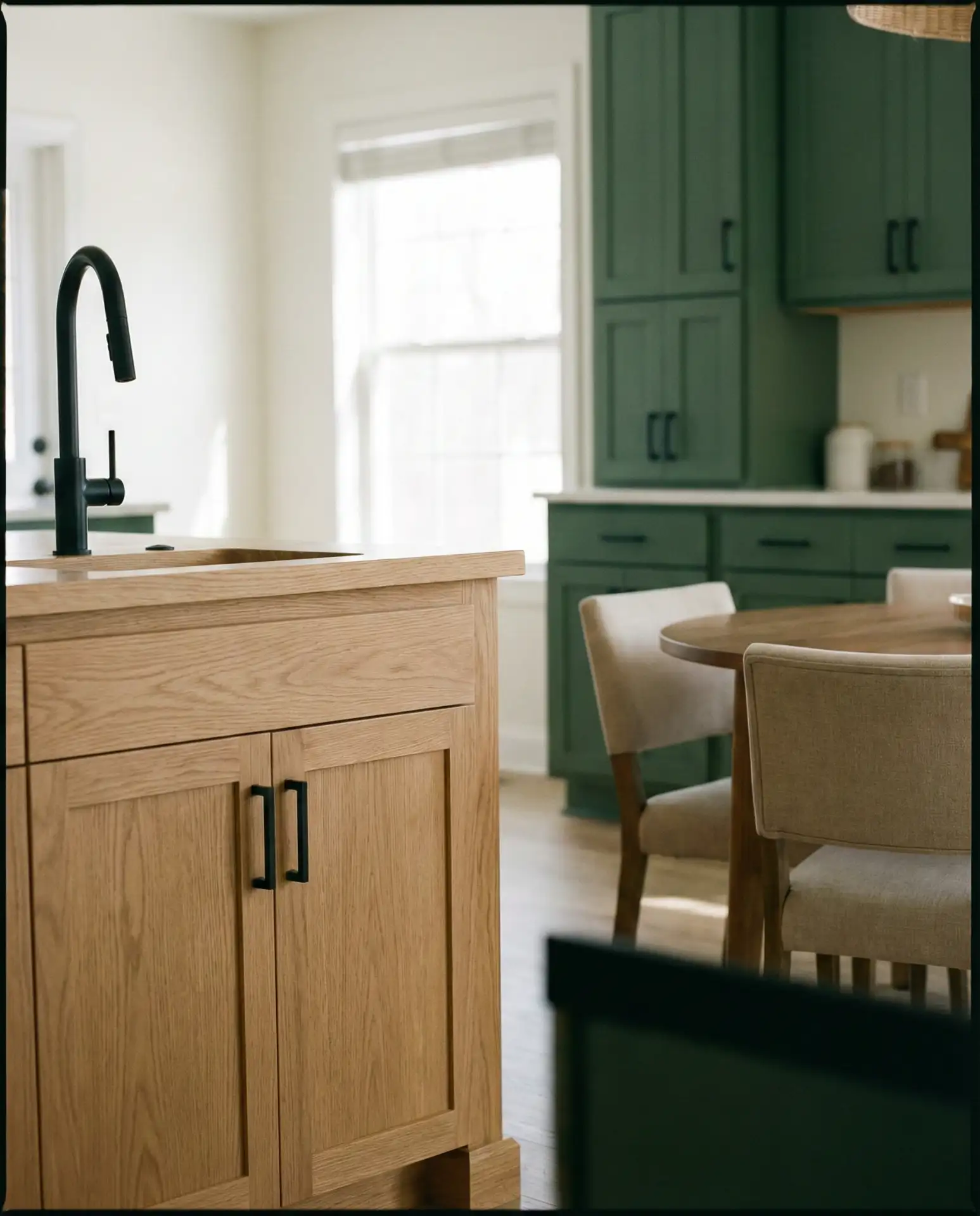 Bold Colored Cabinets with Neutral Island 1