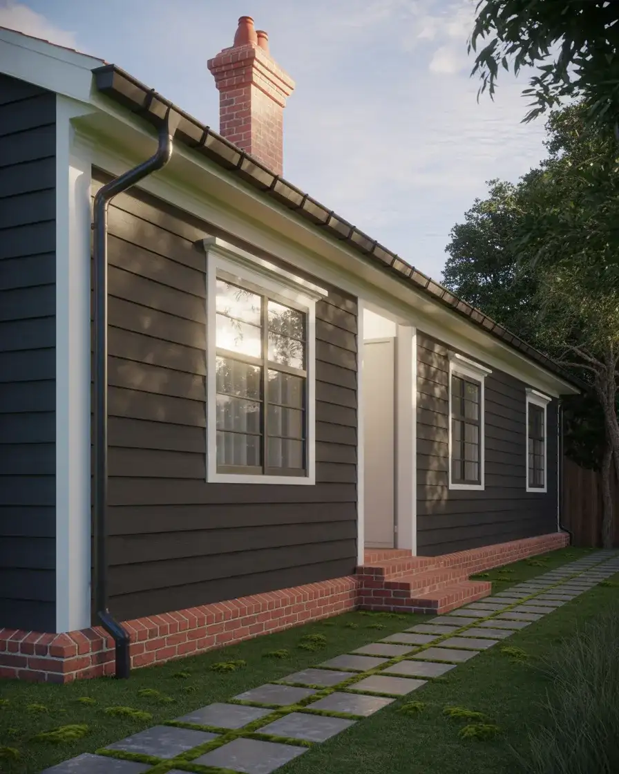 Charcoal Clapboard with Red Brick Chimney 1