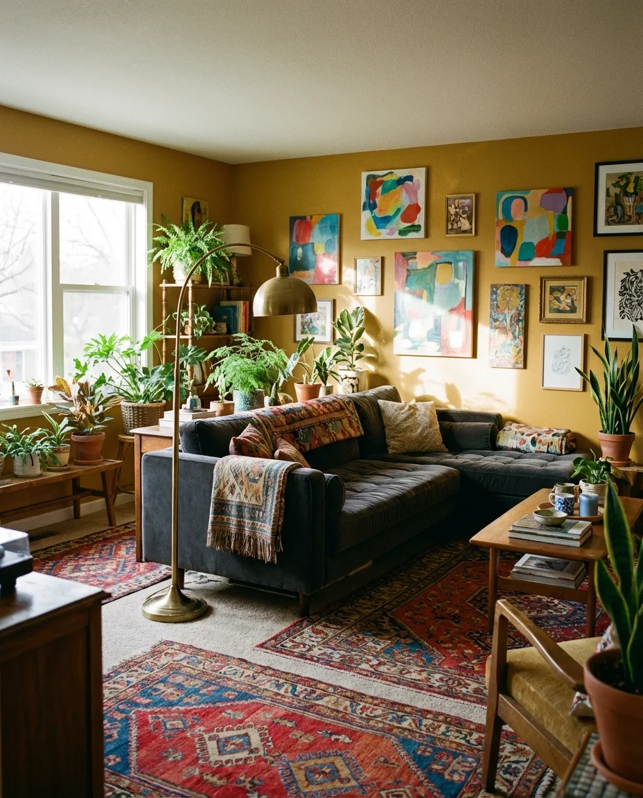 Charcoal Couch in a Bright, Colorful Room 1