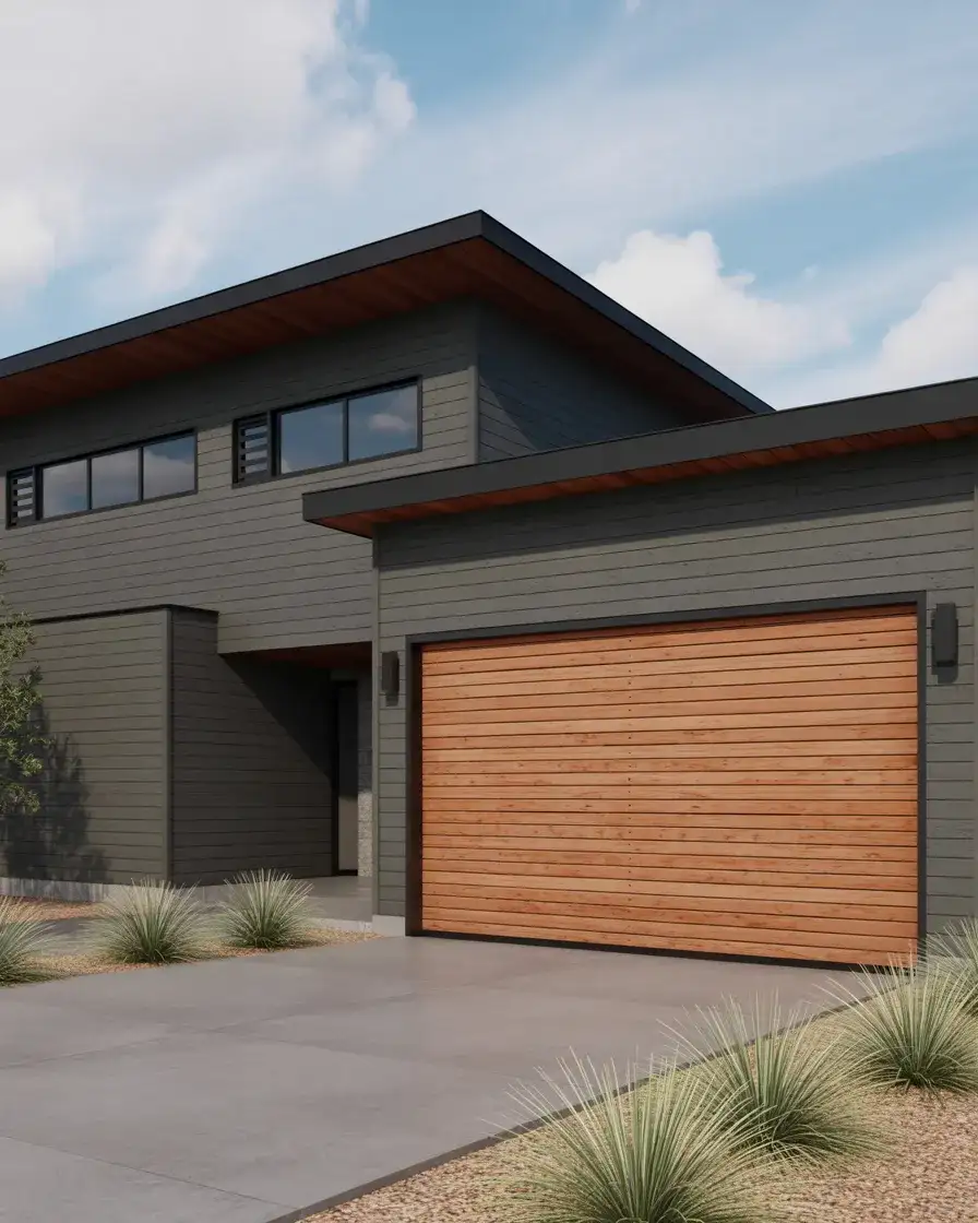 Charcoal with Natural Wood Garage Door and Pallet Wood Details 2