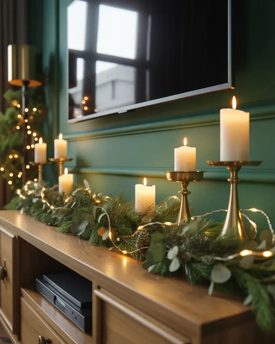 Christmas Console Styling with Greenery, Candles, and Warm Light 2