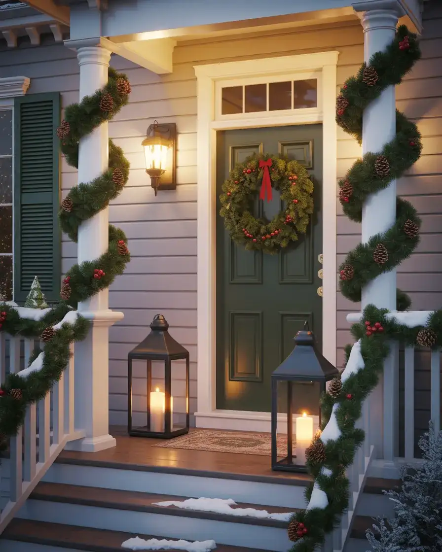 Christmas Porch With Garland and Lanterns 1