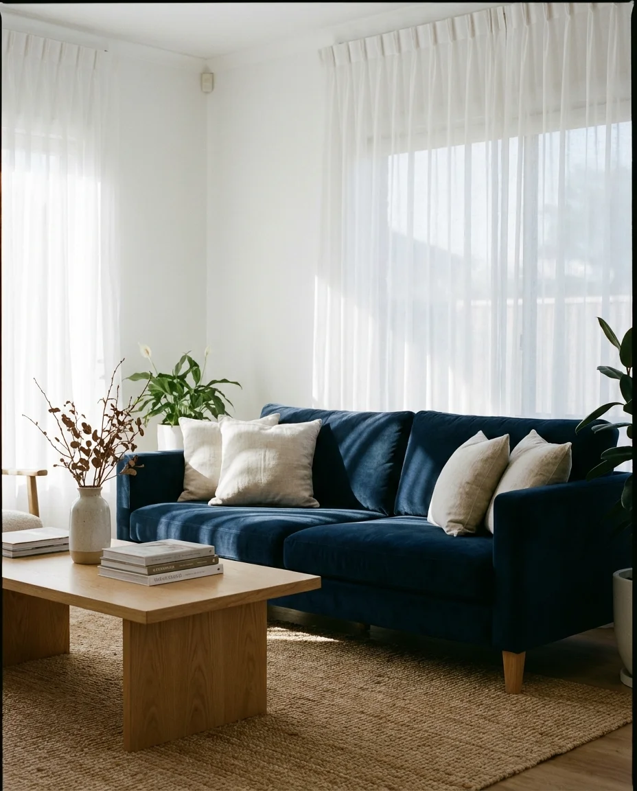 Classic Navy Sofa with White Walls 1