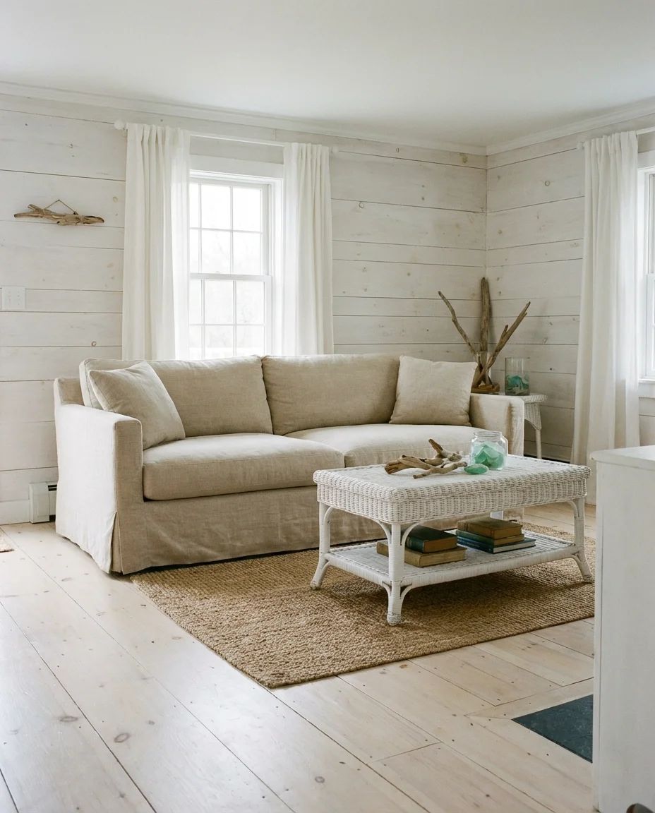 Coastal Bloxburg Living Room With Whitewashed Wood and Linen 1