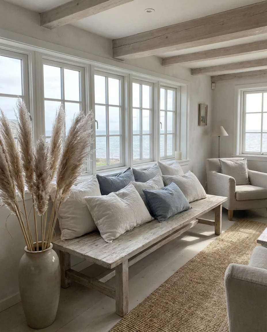 Coastal Bloxburg Living Room With Whitewashed Wood and Linen 2