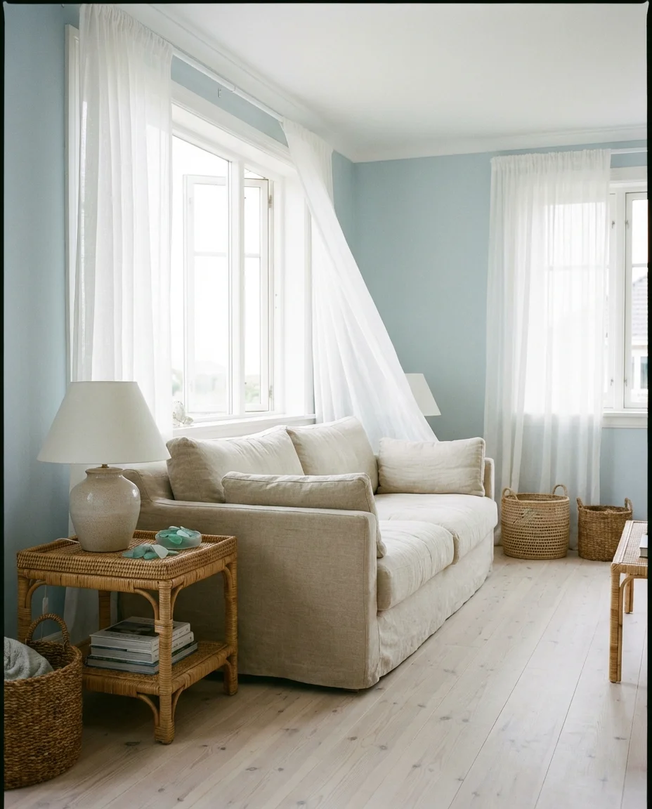 Coastal Blue Living Room with Linen Accents 1