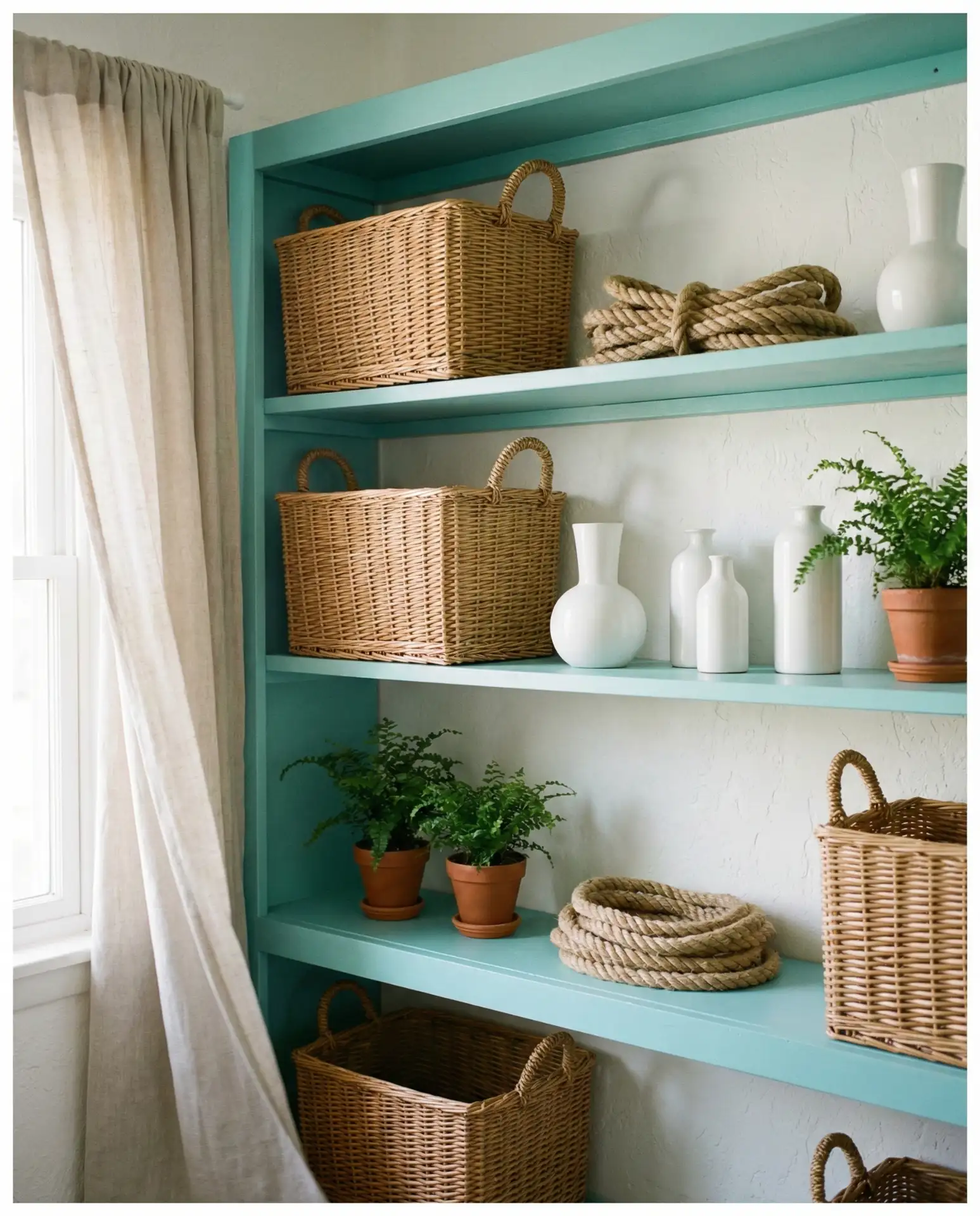 Coastal Blue Shelves with Woven Baskets 1