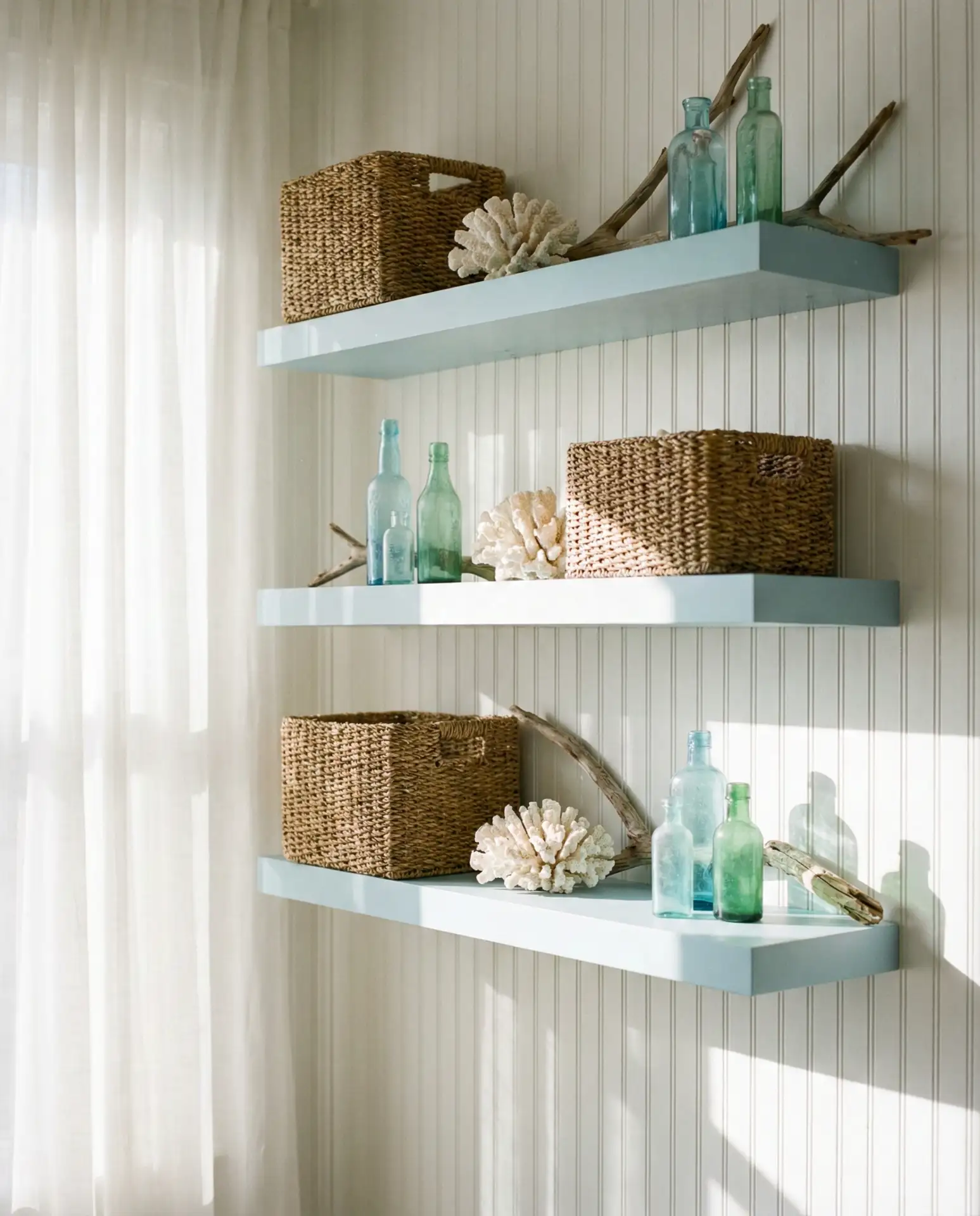 Coastal Blue Shelves with Woven Baskets 2