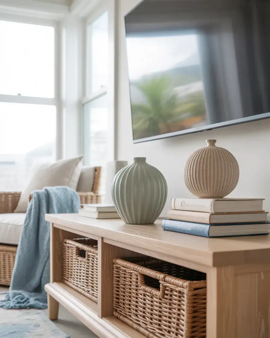 Coastal Console Styling with Rattan, Linen, and Blue Tones 1