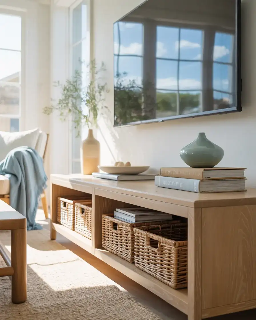 Coastal Console Styling with Rattan, Linen, and Blue Tones 2