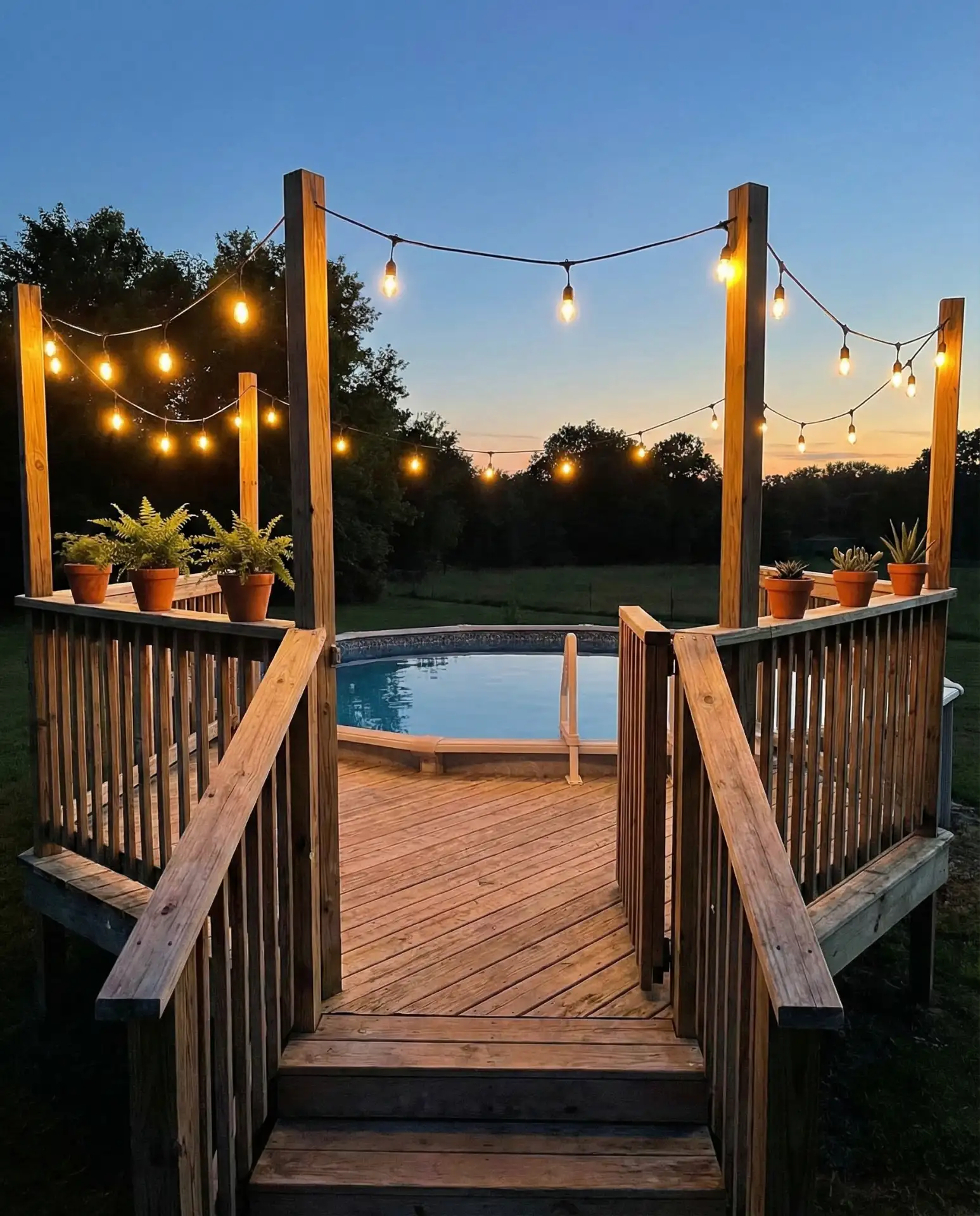Compact Above-Ground Pool Deck with String Lights 1
