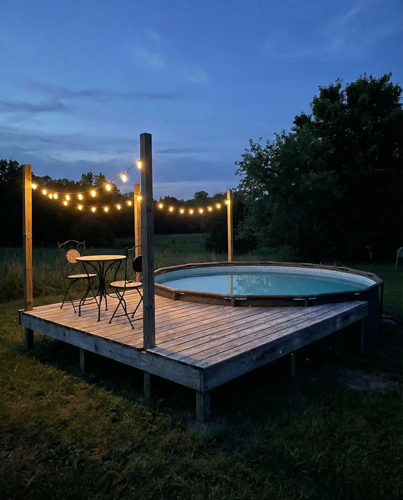 Compact Above-Ground Pool Deck with String Lights 2
