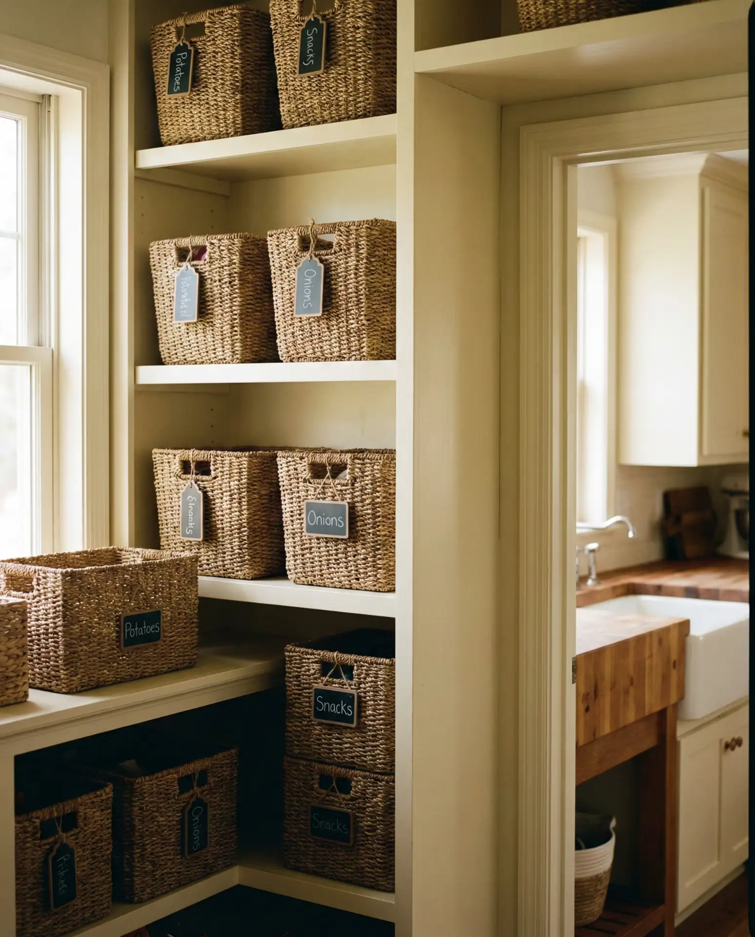 Corner Pantry with Natural Woven Baskets 2