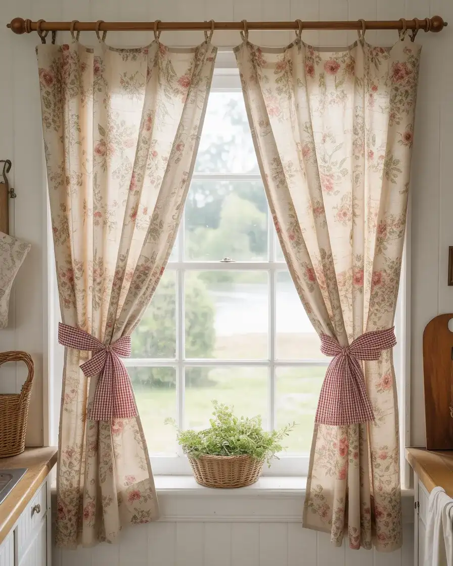 Cottage Core Kitchen Curtains with Vintage Fabric 1