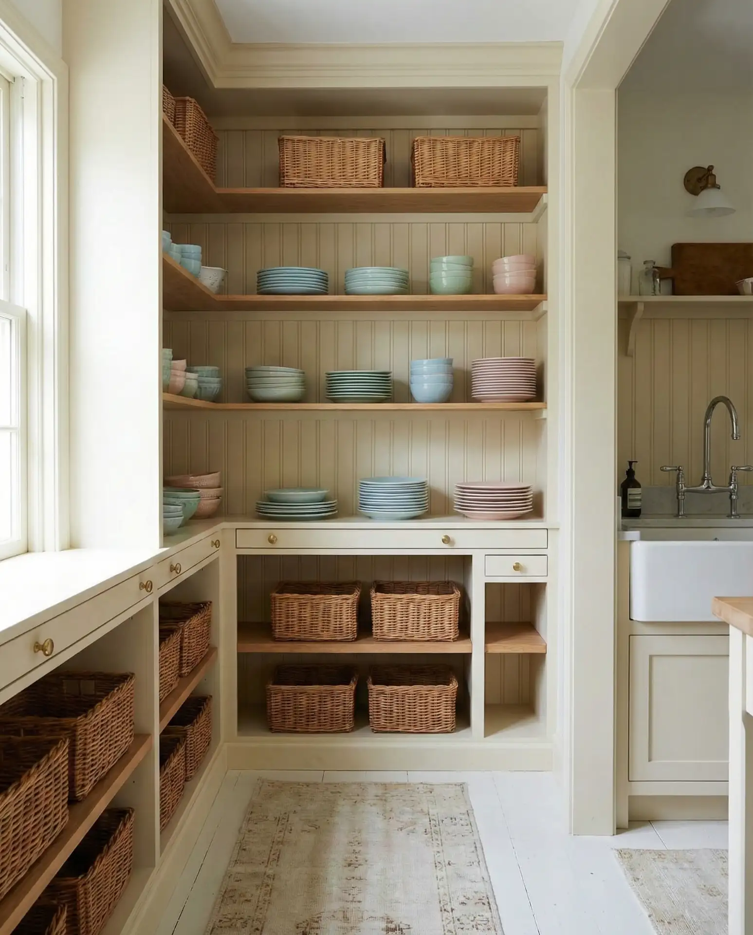 Cottage-Style Corner Pantry with Beadboard Details 1
