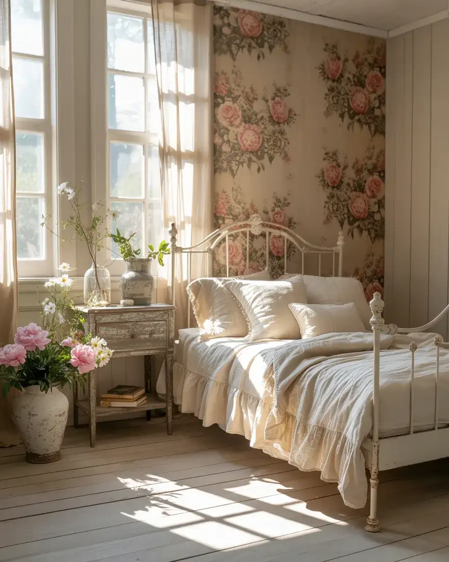 Cottage-Style Farmhouse Bedroom with Floral Details 1