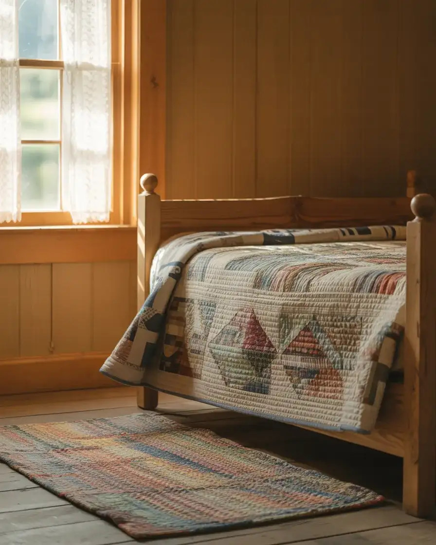 Country Farmhouse Bedroom with Quilts and Wood Paneling 1