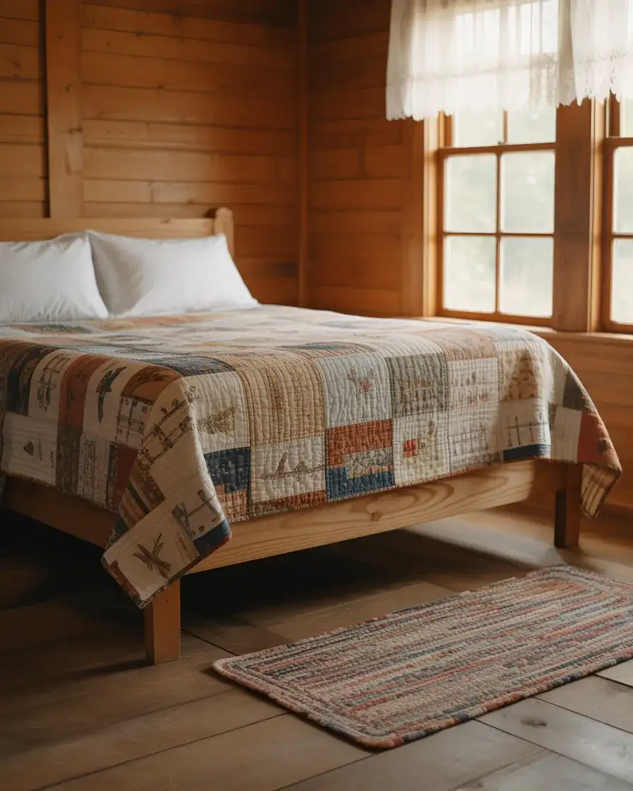 Country Farmhouse Bedroom with Quilts and Wood Paneling 2