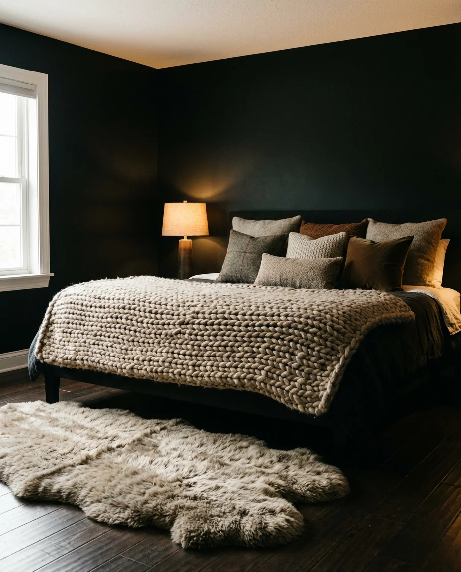 Cozy Black Bedroom with Layered Textures 1
