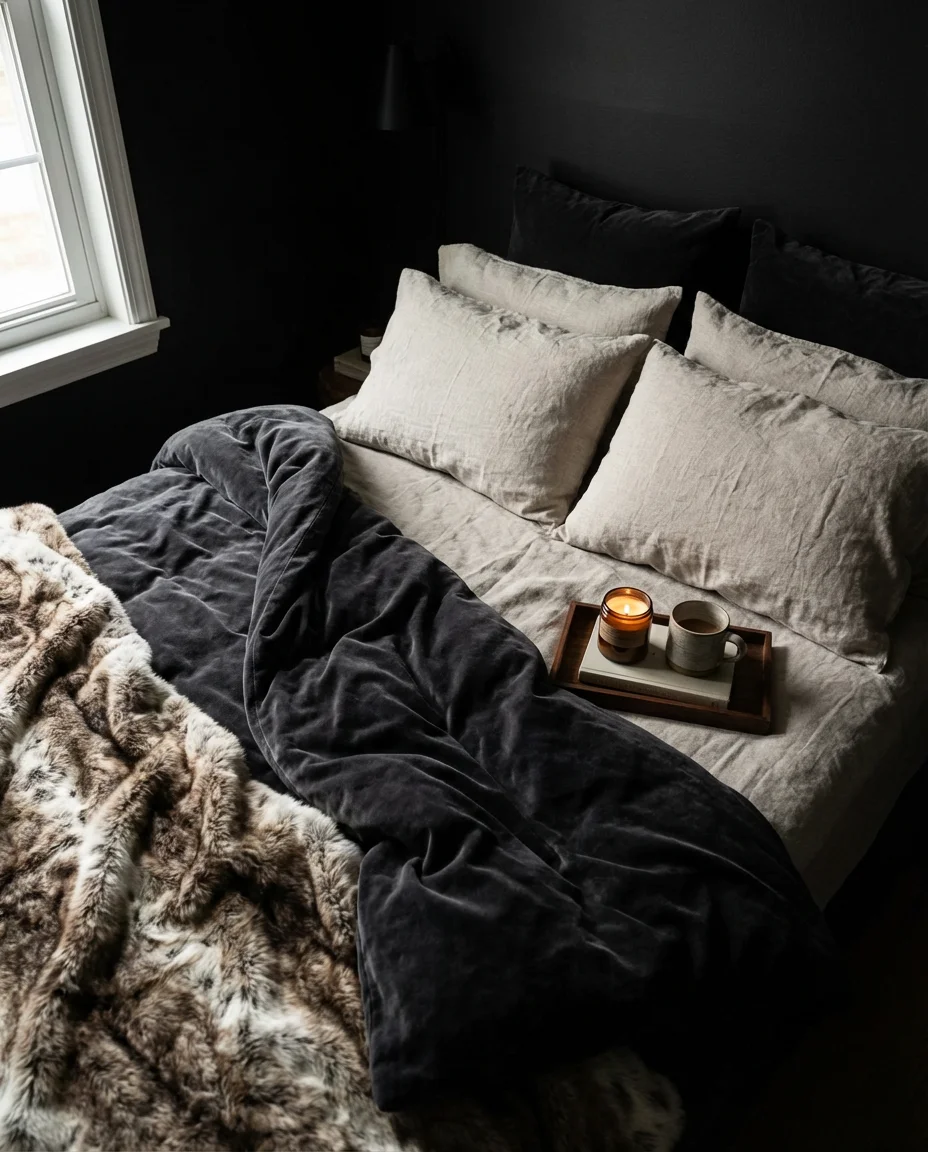 Cozy Black Bedroom with Layered Textures 2