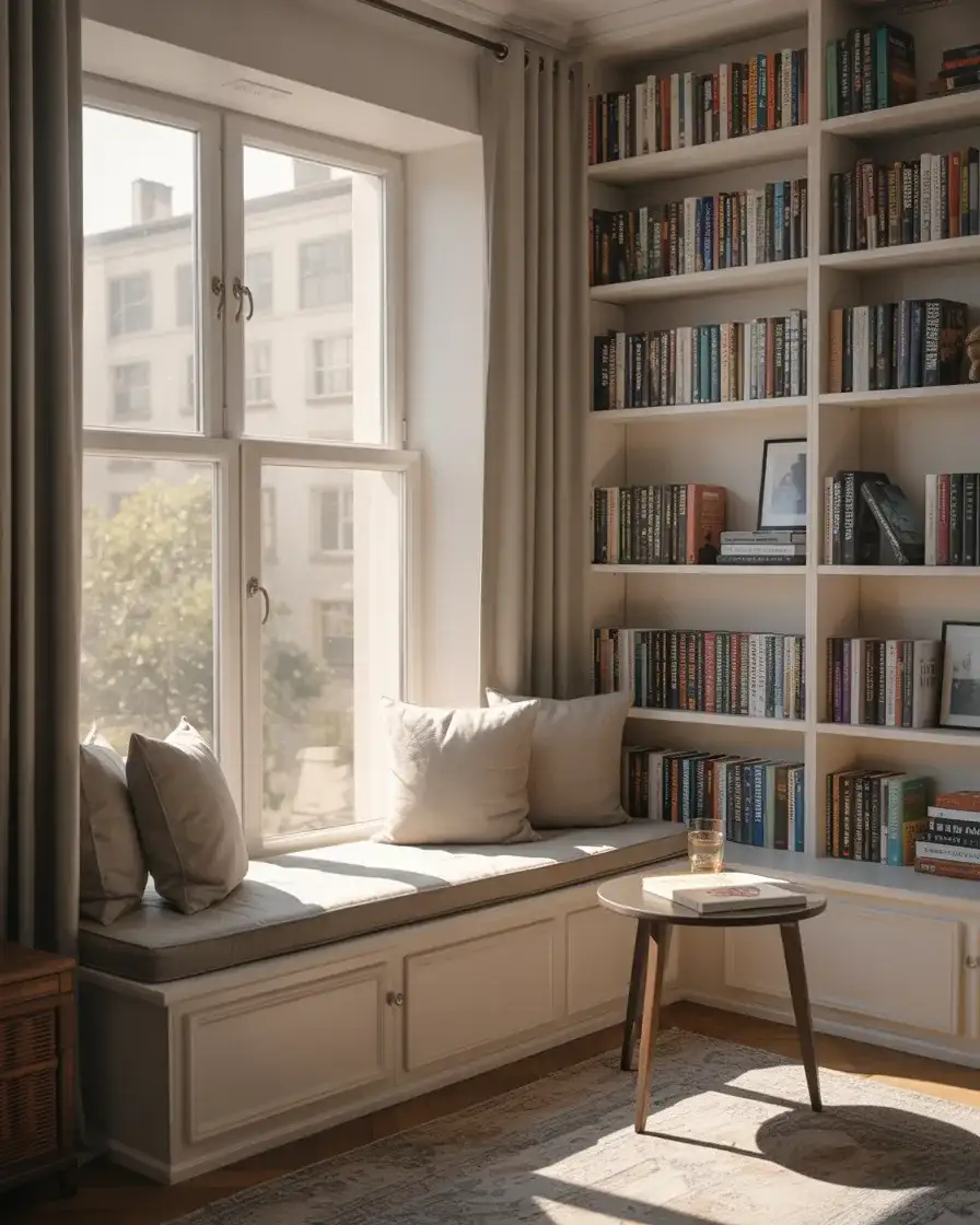 Cozy Reading Nook with Built-In Shelving 2