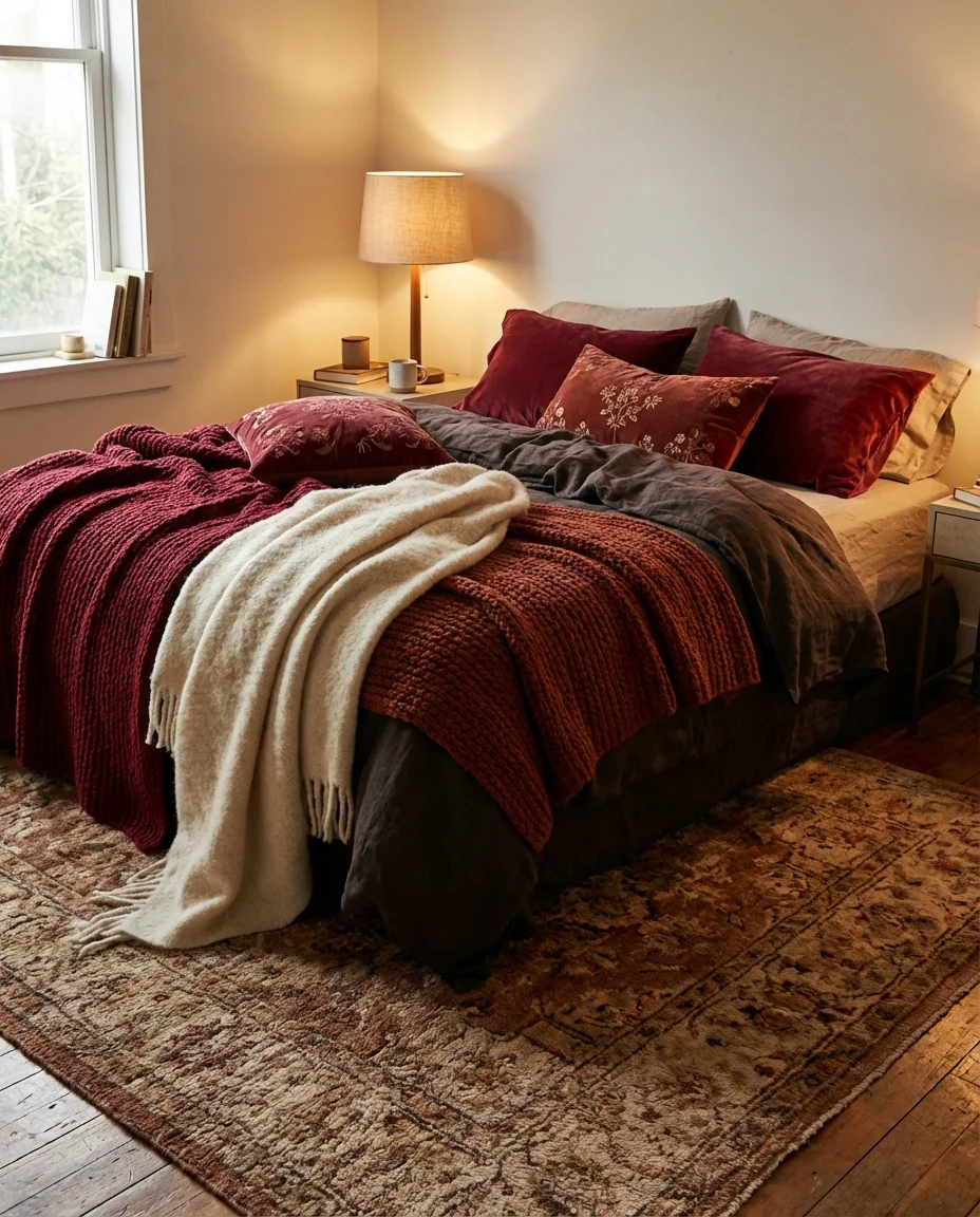 Cozy Red Bedroom with Layered Textiles 1