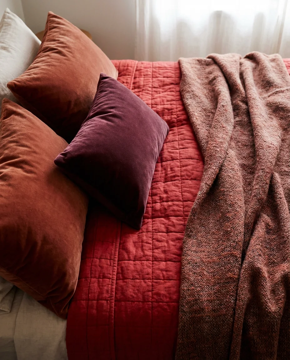 Cozy Red Bedroom with Layered Textiles 2