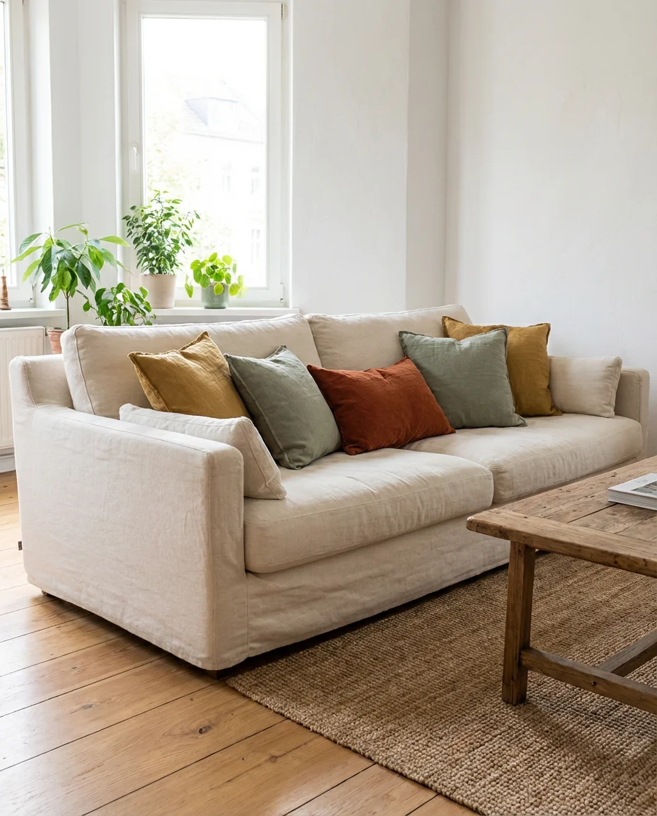 Cream Sofa with Colorful Throw Pillows 1