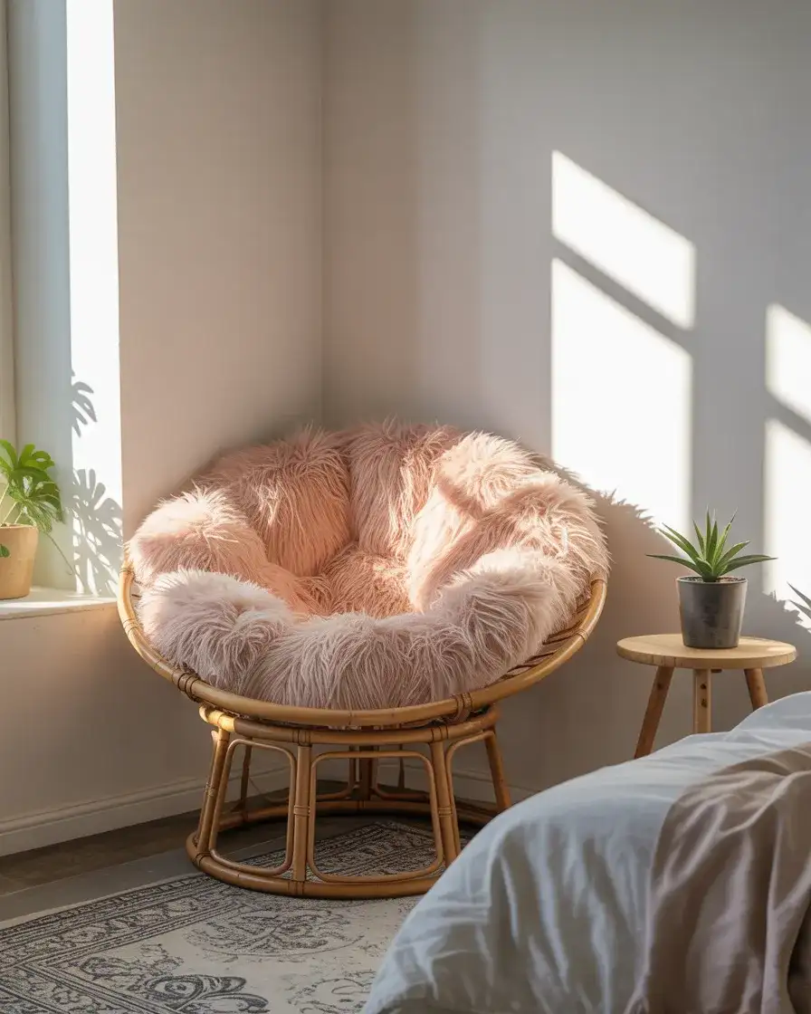 Cute Papasan with Faux Fur Cushion for Bedrooms 1