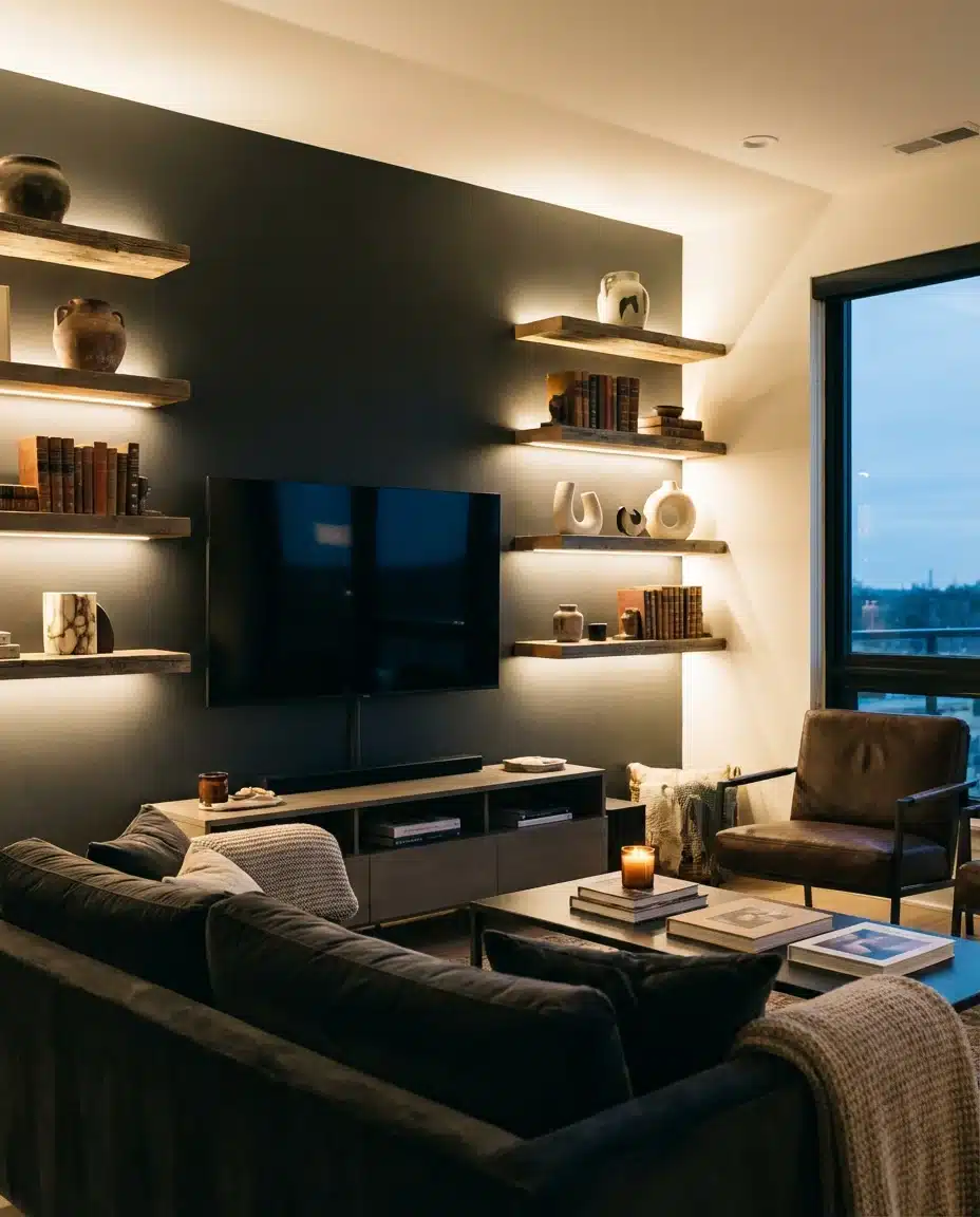 Dark Accent Wall With Floating Shelves and LED Lighting 1