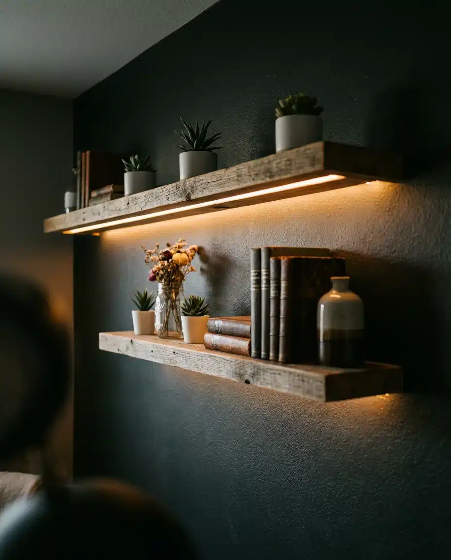 Dark Accent Wall With Floating Shelves and LED Lighting 2