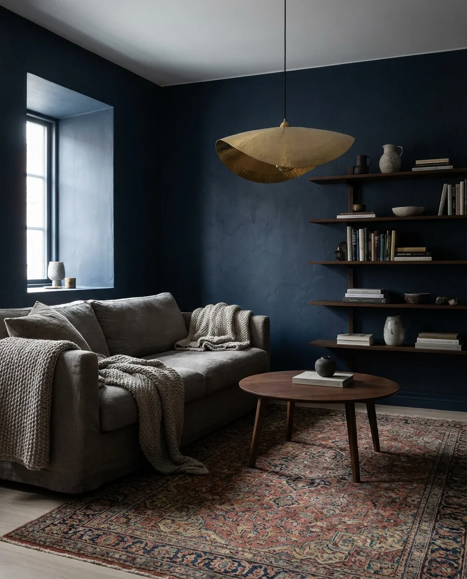 Dark Blue Walls with a Grey Sofa 1