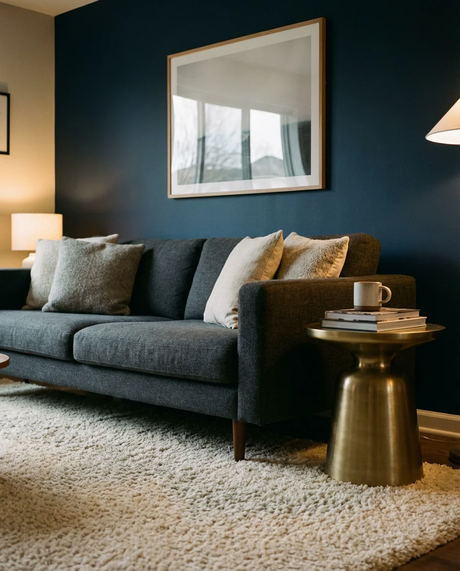 Dark Blue Walls with a Grey Sofa 2