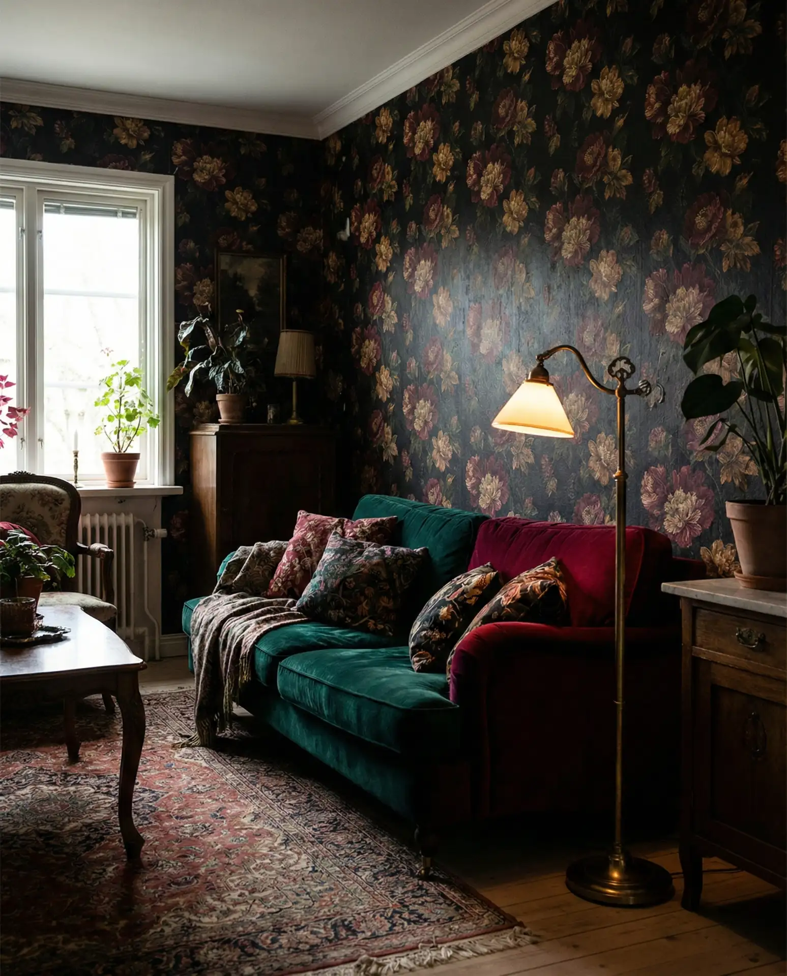 Dark Floral Wallpaper on One Wall 1