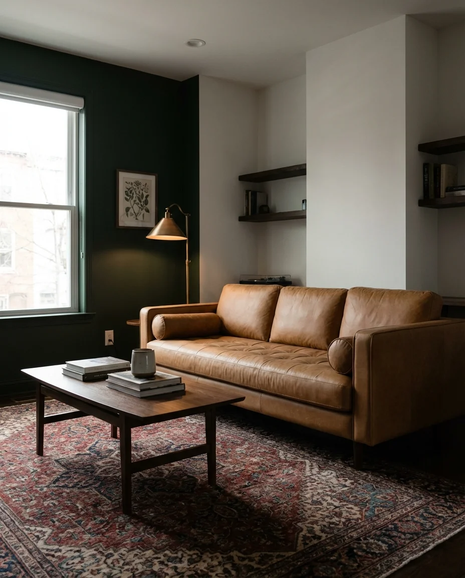 Dark Green Accent Wall with a Camel Couch 1