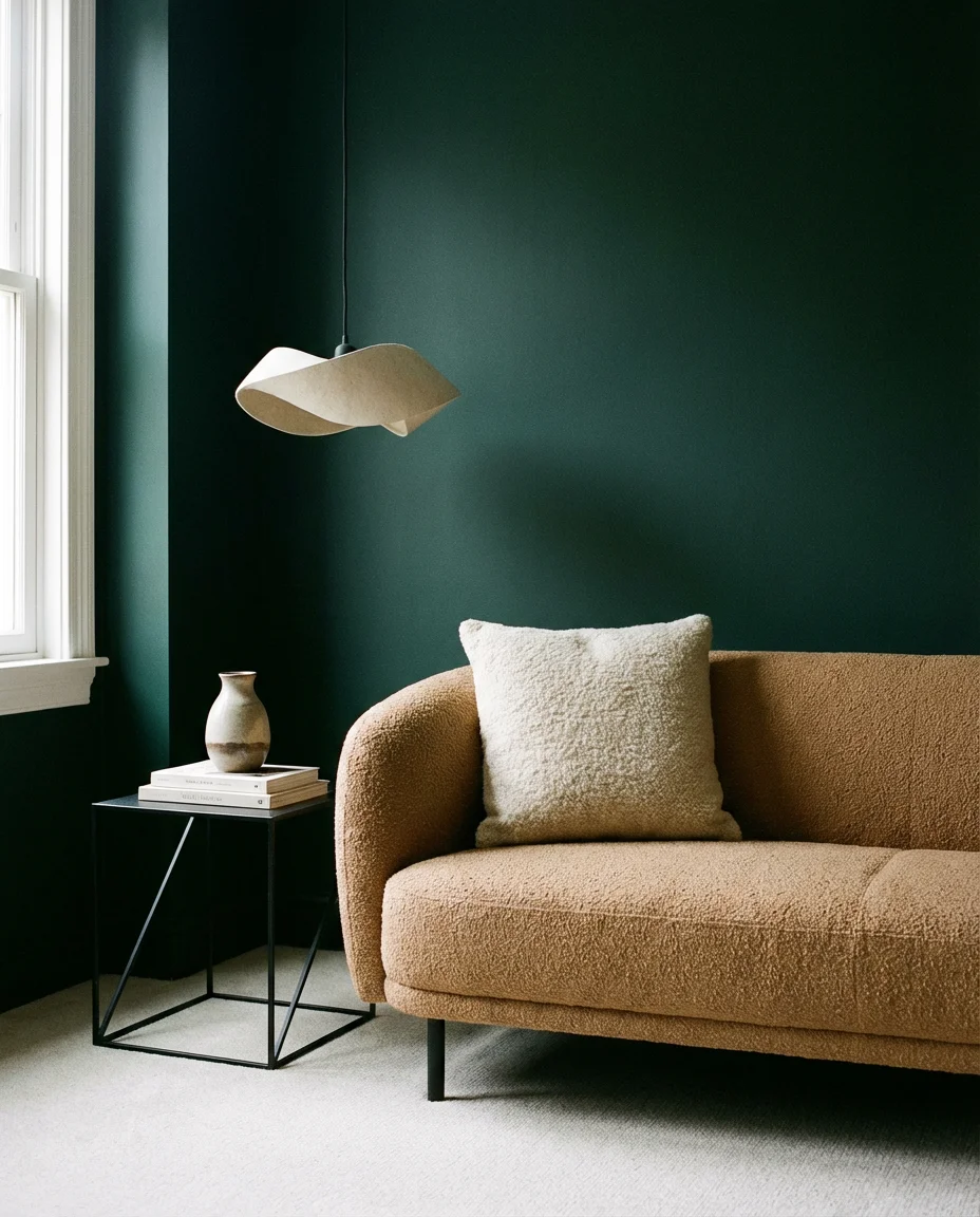 Dark Green Accent Wall with a Camel Couch 2