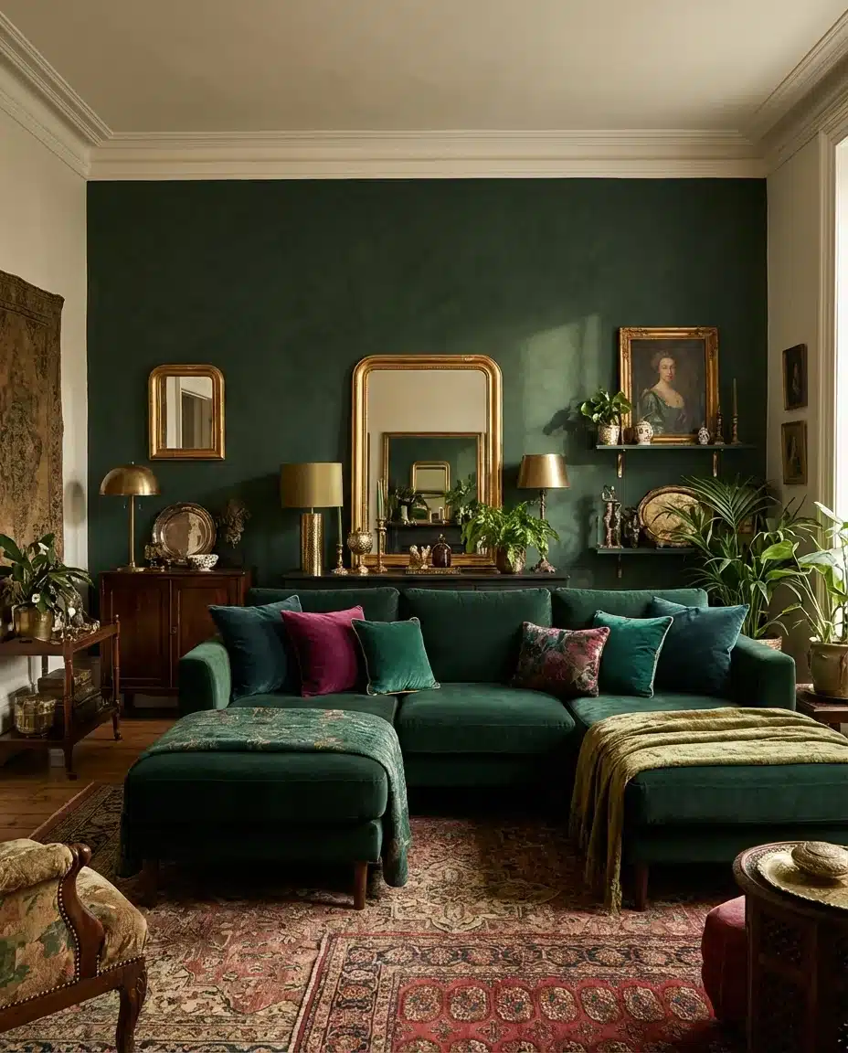 Dark Green Limewash With Velvet Furnishings 1