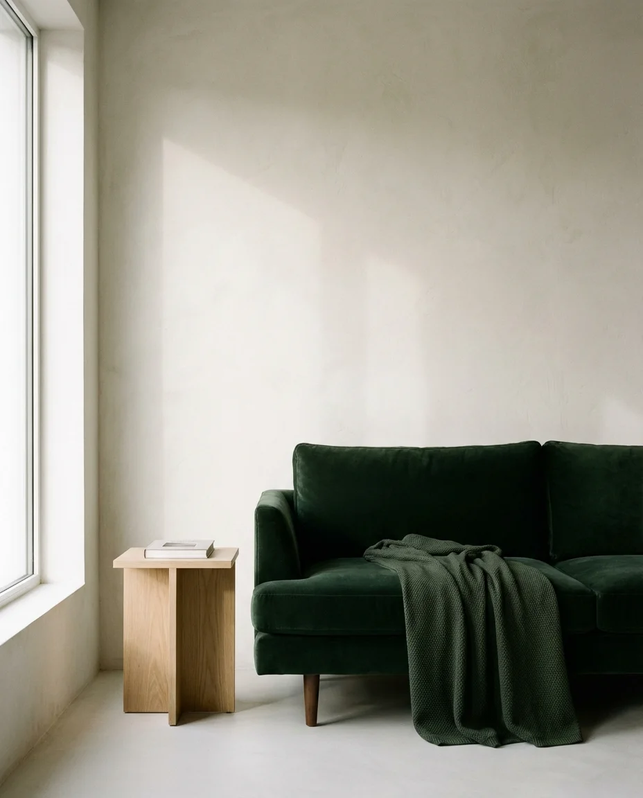 Dark Green Sofa in a Neutral Minimal Room 2