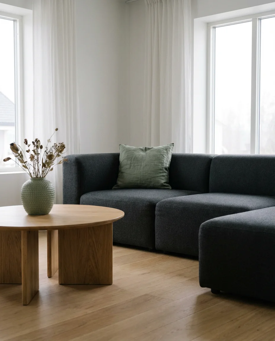 Dark Grey Sofa with Sage Green Accents 1