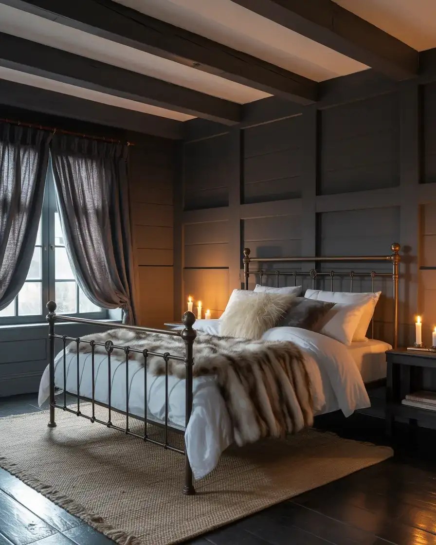 Dark Moody Farmhouse Bedroom with Exposed Beams 1