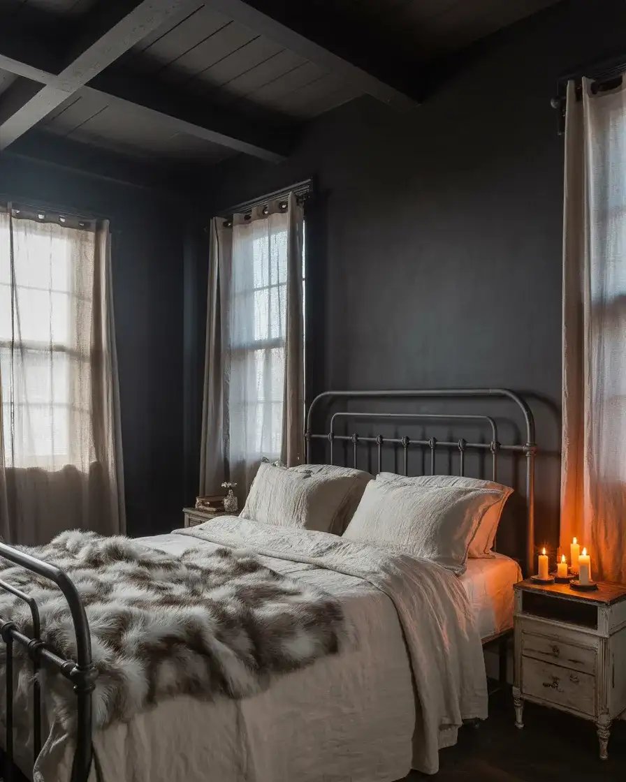 Dark Moody Farmhouse Bedroom with Exposed Beams 2