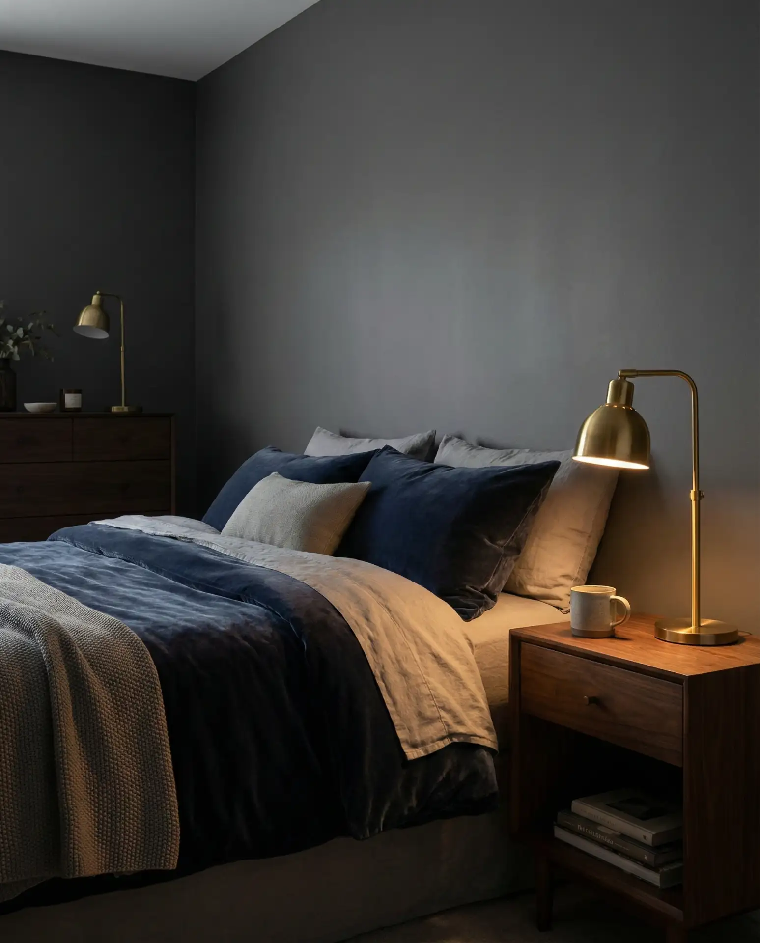 Dark Moody Gray Bedroom with Brass Hardware 1